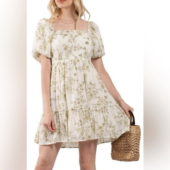 Blu Pepper Women’s Cream Green Floral Puff Sleeve Fit & Flare Dress Large, NWT - Picture 1 of 17
